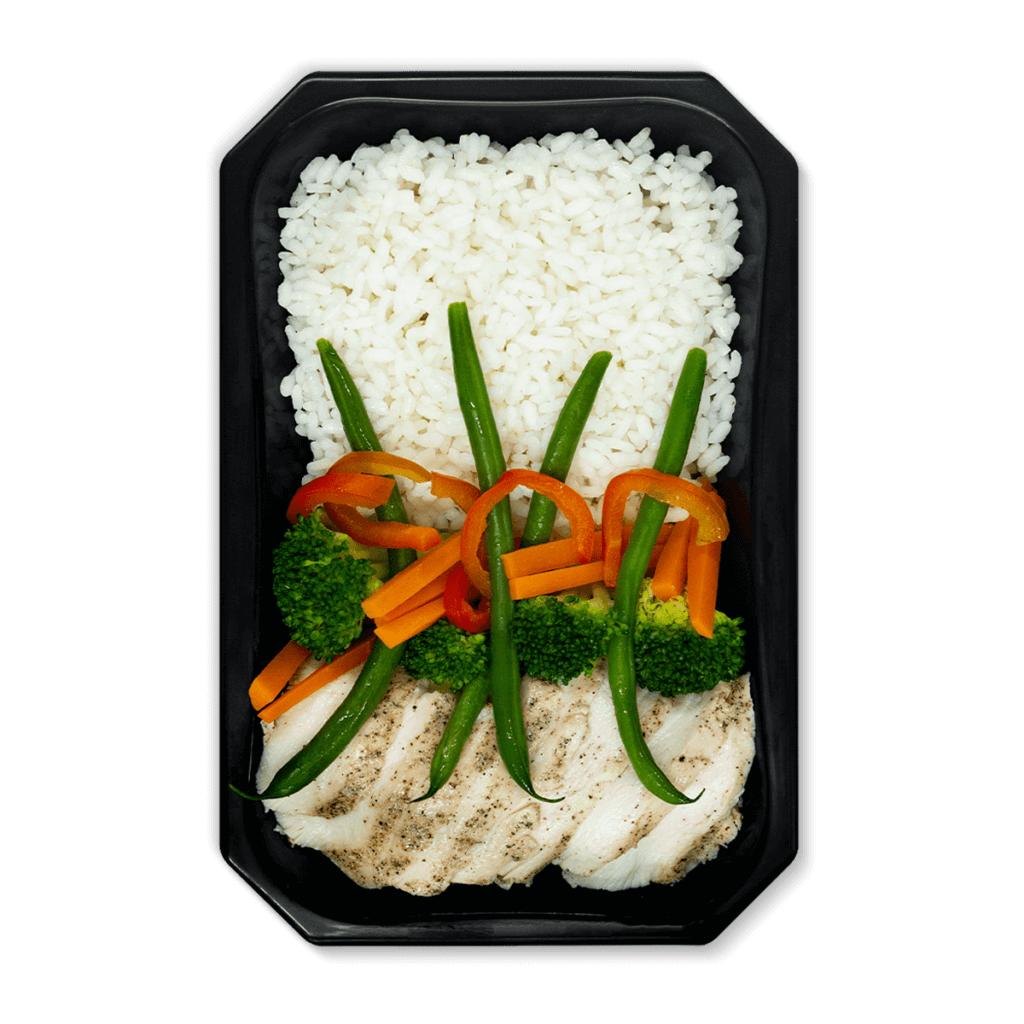 Pollo laminado con arroz y vegetales