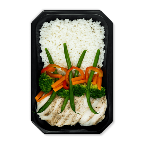 Pollo laminado con arroz y mix de vegetales